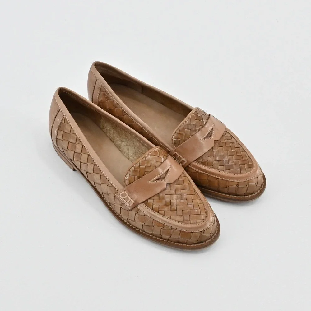 Sesto Meucci Woven Leather Penny Loafers in Tan